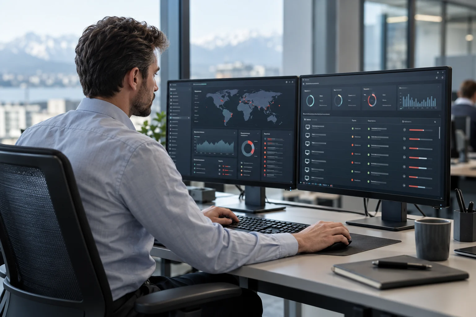 Spécialiste IT consultant un tableau de bord de cybersécurité dans un bureau. Illustration générée par IA.